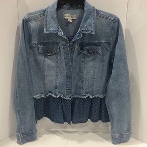 KNOX ROSE Lace Up Back Boho Denim Jean Jacket Navy Eyelet Ruffle